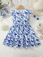 Young Girl Blue Floral Print Round Neck Dress, Fits Ages 1-6 Years